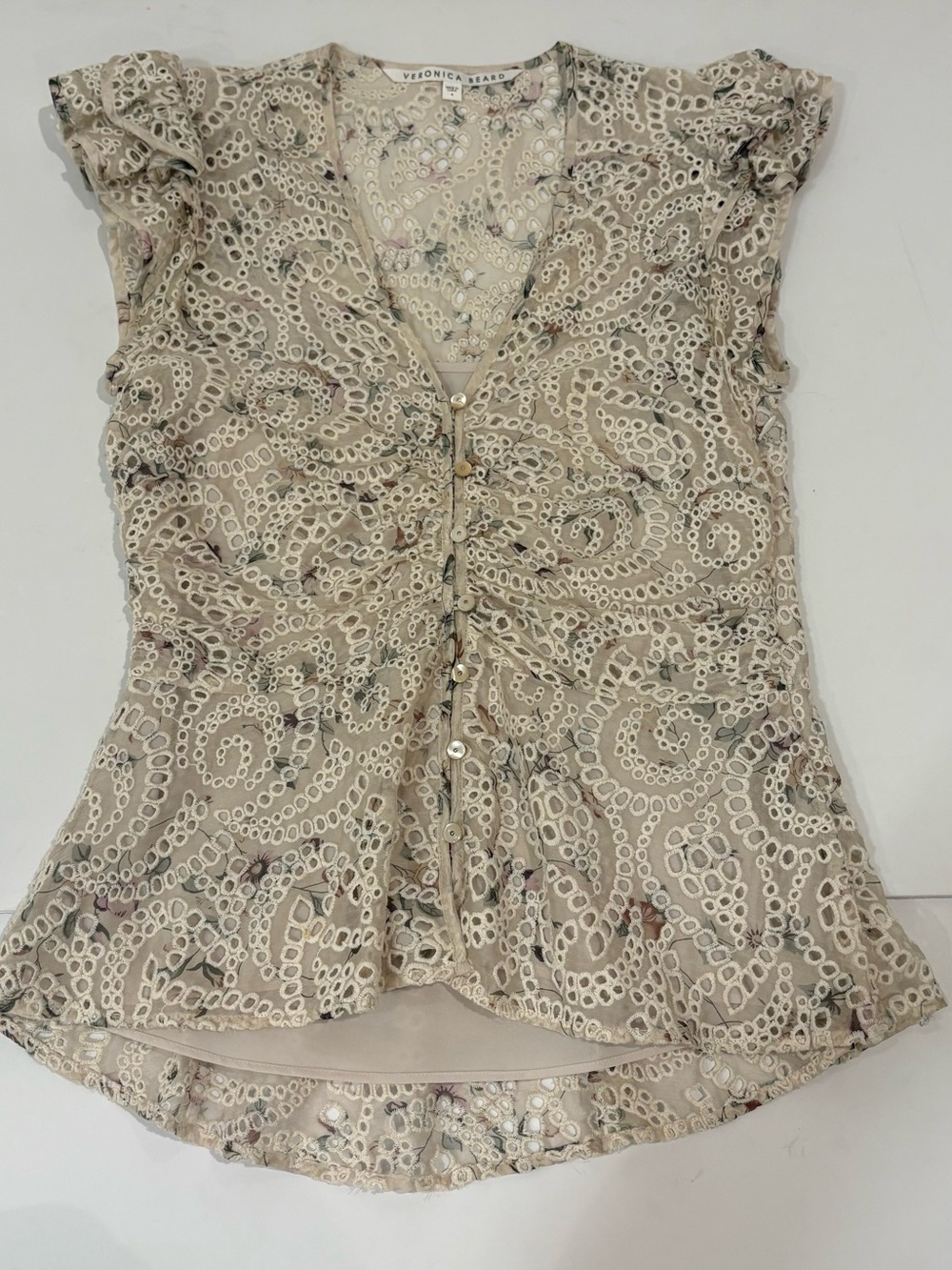 Veronica Beard Mayam Eyelet Ruffle Sleeve V-Neck Top - Cream - 4 - Picture 4 of 14